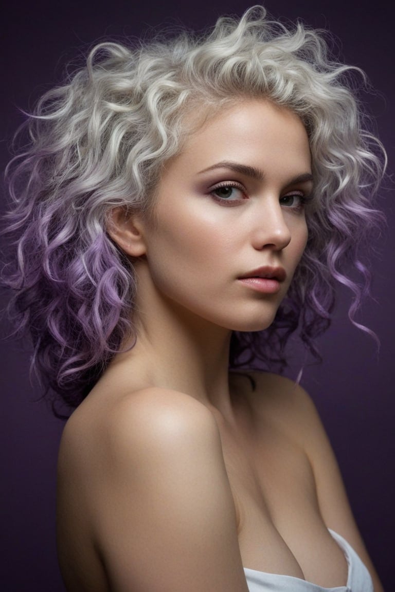 (((iconic Woman darkness but extremely beautiful))) 
(((White messy curly hair)))
(((Purple Solid full colors)))
(((Chiaroscuro simple colors)))
(((view profile, view angle, dutch_angle)))
(((Chiaroscuro darkness background)))
(((intricate details,masterpiece,best quality,hyperrealistic, photorealistic)))
(((by Annie Leibovitz style, by Michael Curtiz style)))