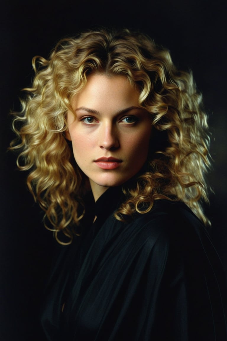 (((iconic Woman darkness but extremely beautiful))) 
(((Blonde large curly hair)))
(((Black Solid full colors)))
(((Chiaroscuro black simple colors)))
(((view profile, view angle, dutch_angle)))
(((Chiaroscuro darkness background)))
(((intricate details,masterpiece,best quality,hyperrealistic, photorealistic)))
(((by Annie Leibovitz style, by caravaggio style)))