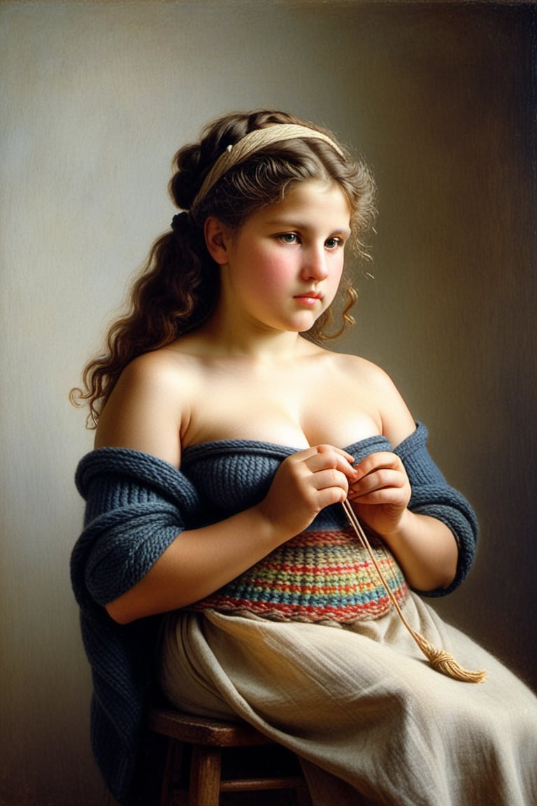 (((iconic oíl painting but extremely beautiful)))
(((Voluptuous and yet  so adorable,photographed)))
(((The Little Knitter,1882 by William Adolphe Bouguereau. Paris.)))
(((gorgeous, voluptuous,sport_clothing)))
(((view profile, view angle,view close-up zoom)))
(((Chiaroscuro light background)))
(((Vivid simple colors)))
(((intricate details,masterpiece,best quality,hyperrealistic, photorealistic)))
(((by Annie Leibovitz style)))