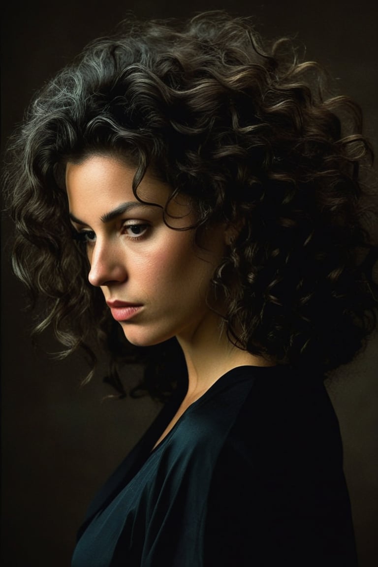 (((iconic Woman darkness but extremely beautiful))) (((dirty,broken,old)))
(((large curly hair)))
(((Black Solid full colors)))
(((Chiaroscuro black simple colors)))
(((view profile, view angle, dutch_angle)))
(((Chiaroscuro darkness background)))
(((intricate details,masterpiece,best quality,hyperrealistic, photorealistic)))
(((by Annie Leibovitz style, by caravaggio style)))