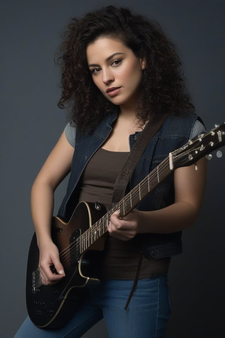 (((iconic Woman but extremely beautiful)))
(((looking at viewer, jacket, midriff, pants, tank top, denim, jeans dirty,broken,old)))
(((playing electric guitar)))
(((Black curly long hair)))
(((Chiaroscuro darkness simple colors)))
(((gorgeous, voluptuous, sexy, rock hard)))
(((view profile, view angle, dutch_angle)))
(((Chiaroscuro light background)))
(((intricate details,masterpiece,best quality,hyperrealistic, photorealistic)))
(((by Annie Leibovitz style, by caravaggio style))),bbw
