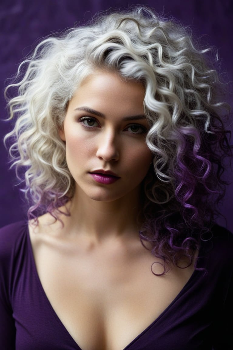 (((iconic Woman darkness but extremely beautiful))) 
(((White messy curly hair)))
(((Purple Solid full colors)))
(((Chiaroscuro simple colors)))
(((view profile, view angle, dutch_angle)))
(((Chiaroscuro darkness background)))
(((intricate details,masterpiece,best quality,hyperrealistic, photorealistic)))
(((by Annie Leibovitz style, by Michael Curtiz style)))