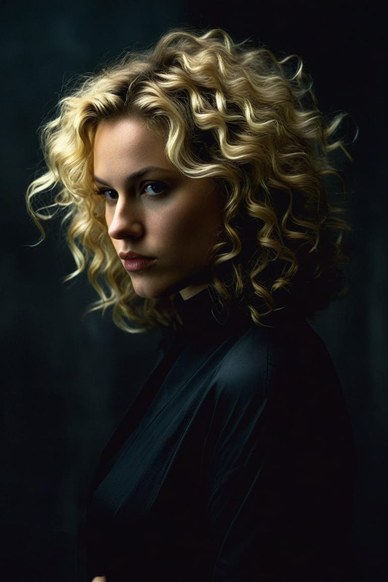 (((iconic Woman darkness but extremely beautiful))) 
(((Blonde large curly hair)))
(((Black Solid full colors)))
(((Chiaroscuro black simple colors)))
(((view profile, view angle, dutch_angle)))
(((Chiaroscuro darkness background)))
(((intricate details,masterpiece,best quality,hyperrealistic, photorealistic)))
(((by Annie Leibovitz style, by caravaggio style)))