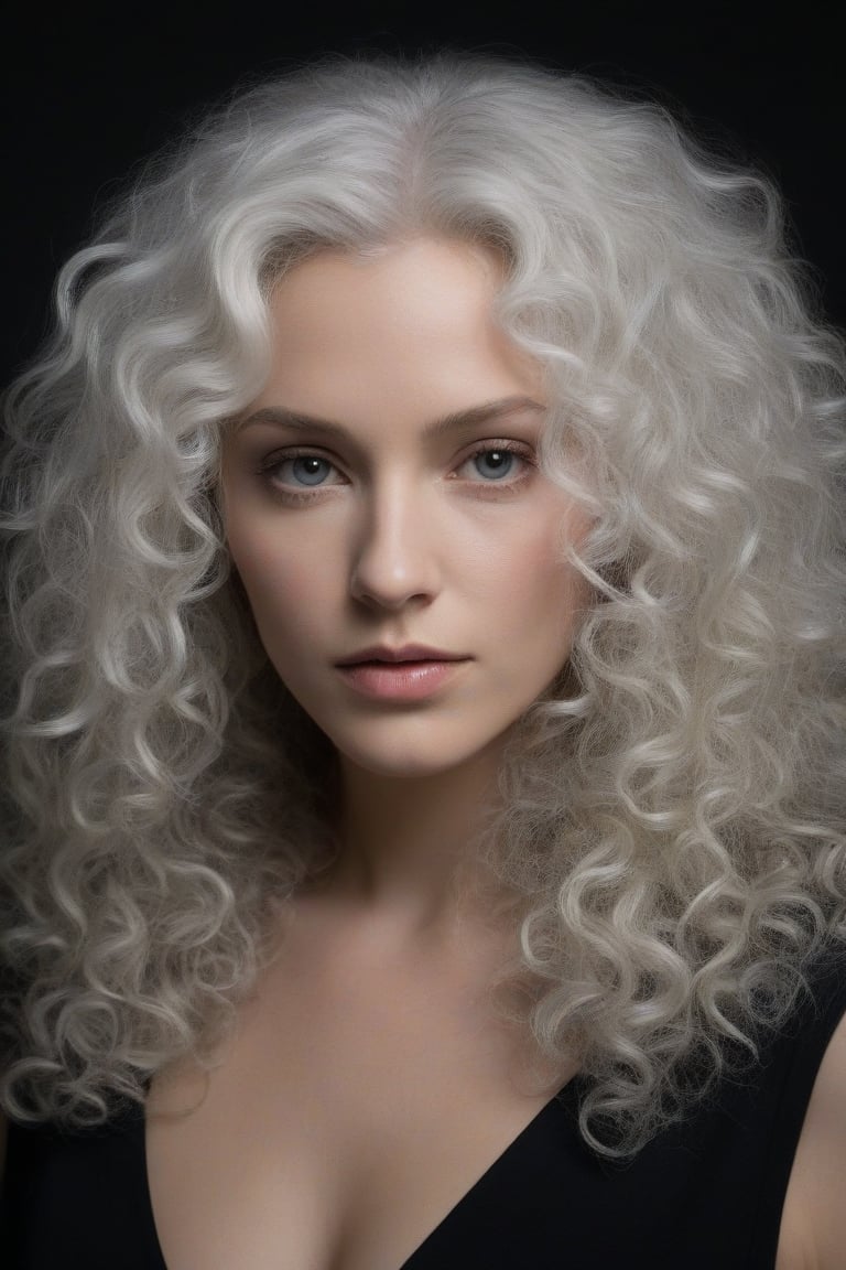 (((iconic Woman darkness but extremely beautiful))) 
(((White large curly hair)))
(((Black Solid full colors)))
(((Chiaroscuro simple colors)))
(((view profile, view angle, dutch_angle)))
(((Chiaroscuro darkness background)))
(((intricate details,masterpiece,best quality,hyperrealistic, photorealistic)))
(((by Annie Leibovitz style, by Michael Curtiz style)))