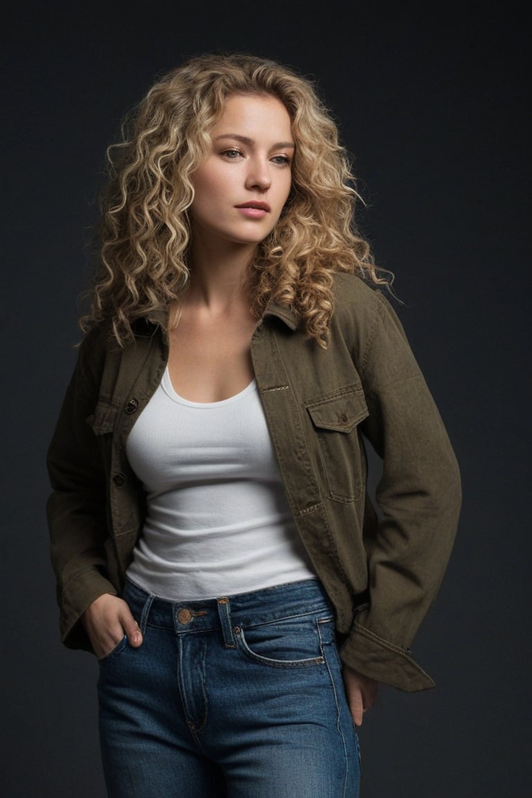 (((iconic Woman but extremely beautiful)))
(((looking at viewer, jacket, midriff, pants, tank top, denim, jeans dirty,broken,old)))
(((Blonde curly long hair)))
(((Chiaroscuro Light Solid full colors)))
(((Chiaroscuro darkness simple colors)))
(((view profile, view angle, dutch_angle)))
(((Chiaroscuro light background)))
(((intricate details,masterpiece,best quality,hyperrealistic, photorealistic)))
(((by Annie Leibovitz style, by caravaggio style)))