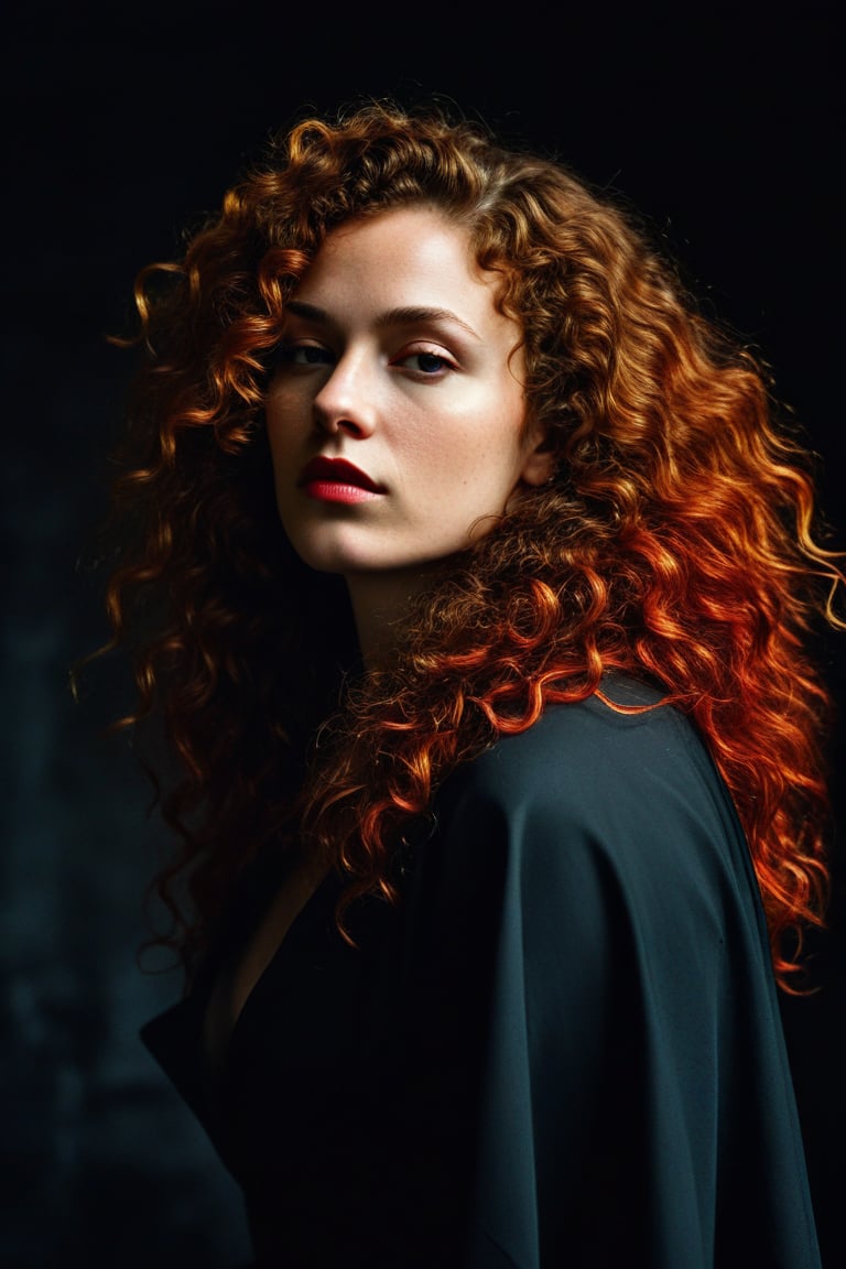 (((iconic Woman but extremely beautiful))) (((dirty,broken,old)))
(((vivid red curly long hair)))
(((large curly hair)))
(((Black Solid full colors)))
(((Chiaroscuro black simple colors)))
(((view profile, view angle, dutch_angle)))
(((Chiaroscuro darkness background)))
(((intricate details,masterpiece,best quality,hyperrealistic, photorealistic)))
(((by Annie Leibovitz style, by caravaggio style))),Movie Aesthetic,Film_Grain