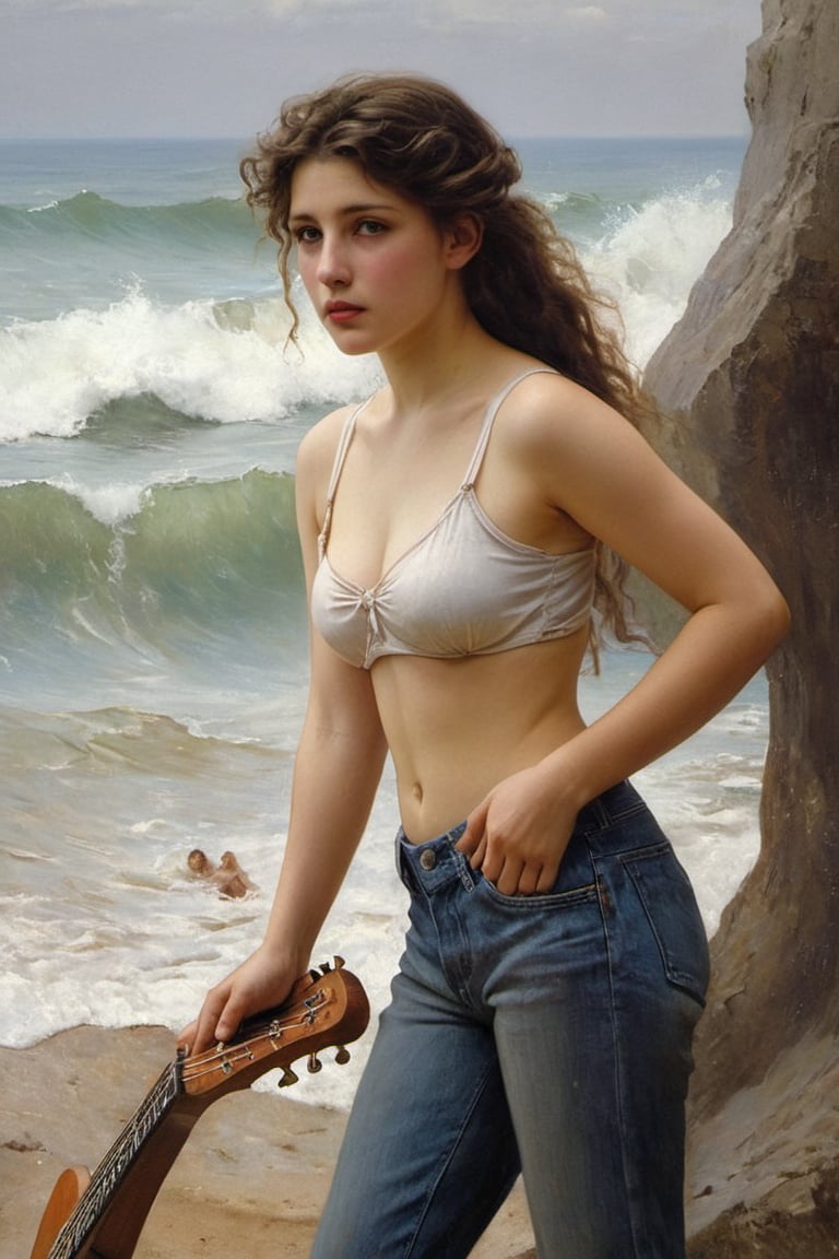 (((iconic but extremely beautiful)))
(((Voluptuous and yet  so adorable,photographed)))
(((The Wave,1896 by William Adolphe Bouguereau. Paris.)))
(((midriff, pants, tank top, jeans dirty,broken,old,Play electric guitar))) 
(((view profile, view angle,view closse-up zoom)))
(((Chiaroscuro light background)))
(((Vivid simple colors)))
(((intricate details,masterpiece,best quality,hyperrealistic, photorealistic)))