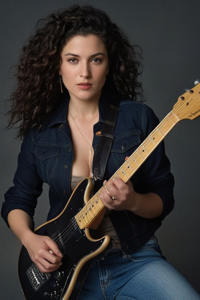 (((iconic Woman but extremely beautiful)))
(((looking at viewer, jacket, midriff, pants, tank top, denim, jeans dirty,broken,old)))
(((playing electric guitar)))
(((Black curly long hair)))
(((Chiaroscuro darkness simple colors)))
(((gorgeous, voluptuous, sexy, rock hard)))
(((view profile, view angle, dutch_angle)))
(((Chiaroscuro light background)))
(((intricate details,masterpiece,best quality,hyperrealistic, photorealistic)))
(((by Annie Leibovitz style, by caravaggio style))),bbw