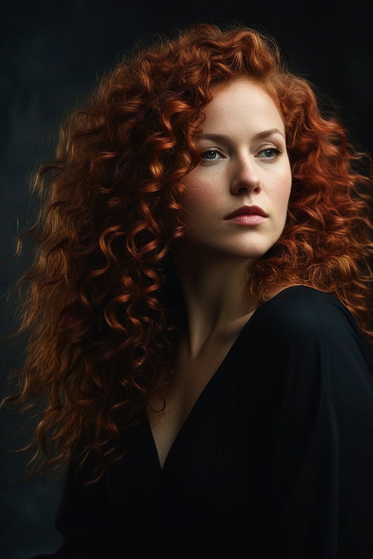 (((iconic Woman but extremely beautiful))) (((dirty,broken,old)))
(((vivid red curly long hair)))
(((large curly hair)))
(((Black Solid full colors)))
(((Chiaroscuro black simple colors)))
(((view profile, view angle, dutch_angle)))
(((Chiaroscuro darkness background)))
(((intricate details,masterpiece,best quality,hyperrealistic, photorealistic)))
(((by Annie Leibovitz style, by caravaggio style))),Movie Aesthetic,Film_Grain