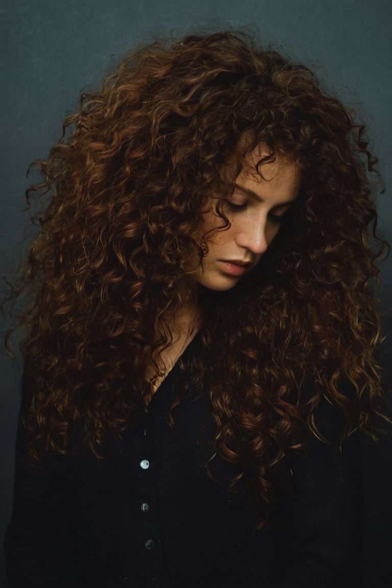 (((iconic Woman but extremely beautiful))) (((dirty,broken,old)))
(((vivid red curly long hair)))
(((large curly hair)))
(((Black Solid full colors)))
(((Chiaroscuro black simple colors)))
(((view profile, view angle, dutch_angle)))
(((Chiaroscuro darkness background)))
(((intricate details,masterpiece,best quality,hyperrealistic, photorealistic)))
(((by Annie Leibovitz style, by caravaggio style))),Movie Aesthetic,Film_Grain