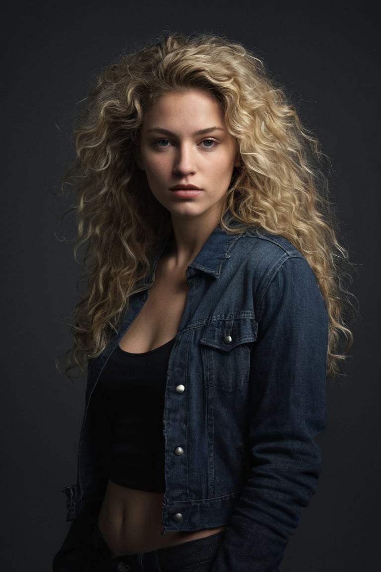 (((iconic Woman but extremely beautiful)))
(((dirty,broken,old)))
(((looking at viewer, jacket, midriff, pants, tank top, denim, jeans)))
(((shadows on the face)))
(((Blonde curly long hair)))
(((Black Solid full colors)))
(((Chiaroscuro black simple colors)))
(((view profile, view angle, dutch_angle)))
(((Chiaroscuro light background)))
(((intricate details,masterpiece,best quality,hyperrealistic, photorealistic)))
(((by Annie Leibovitz style, by caravaggio style)))