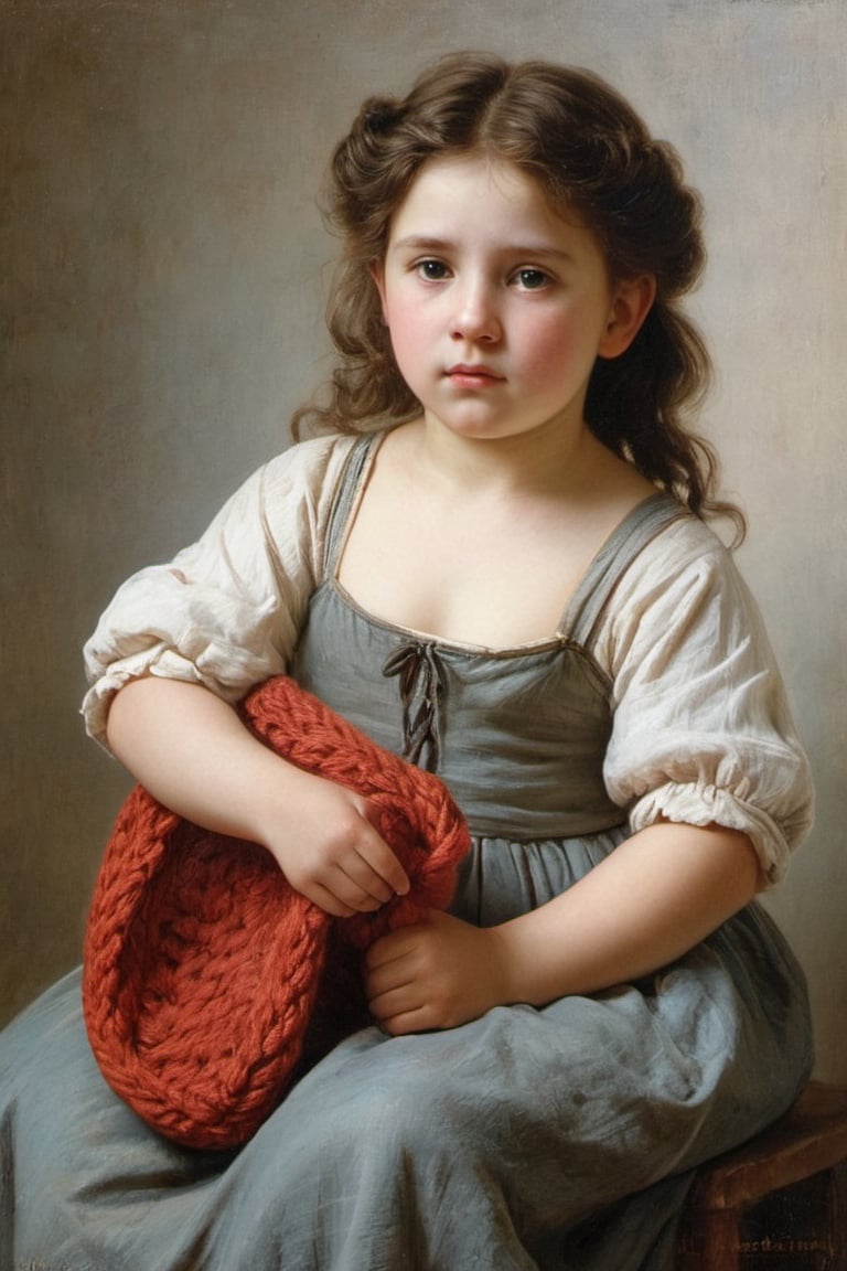 (((iconic oíl painting but extremely beautiful)))
(((Voluptuous and yet  so adorable,photographed)))
(((The Little Knitter,1882 by William Adolphe Bouguereau. Paris.)))
(((view profile, view angle,view close-up zoom)))
(((Chiaroscuro light background)))
(((Vivid simple colors)))
(((intricate details,masterpiece,best quality,hyperrealistic, photorealistic)))