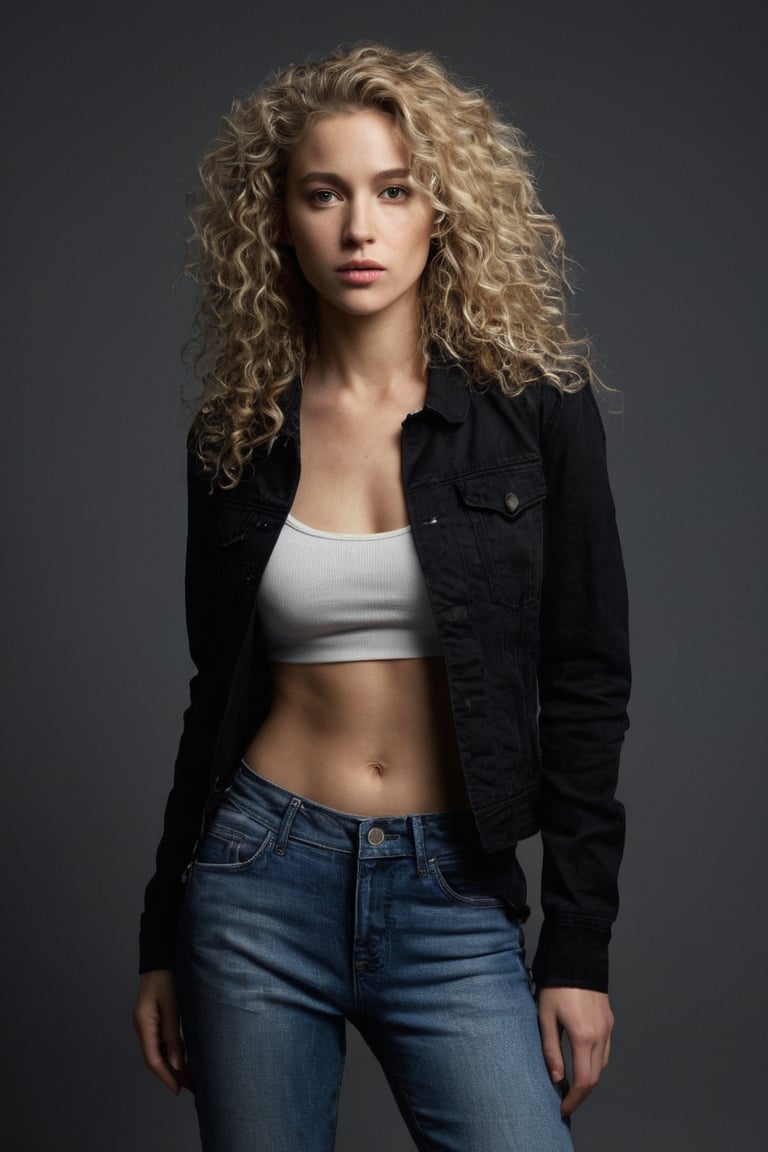 (((iconic Woman but extremely beautiful)))
(((looking at viewer, jacket, midriff, pants, tank top, denim, jeans dirty,broken,old)))
(((Blonde curly long hair)))
(((Chiaroscuro Light Solid full colors)))
(((Chiaroscuro darkness simple colors)))
(((view profile, view angle, dutch_angle)))
(((Chiaroscuro light background)))
(((intricate details,masterpiece,best quality,hyperrealistic, photorealistic)))
(((by Annie Leibovitz style, by caravaggio style)))