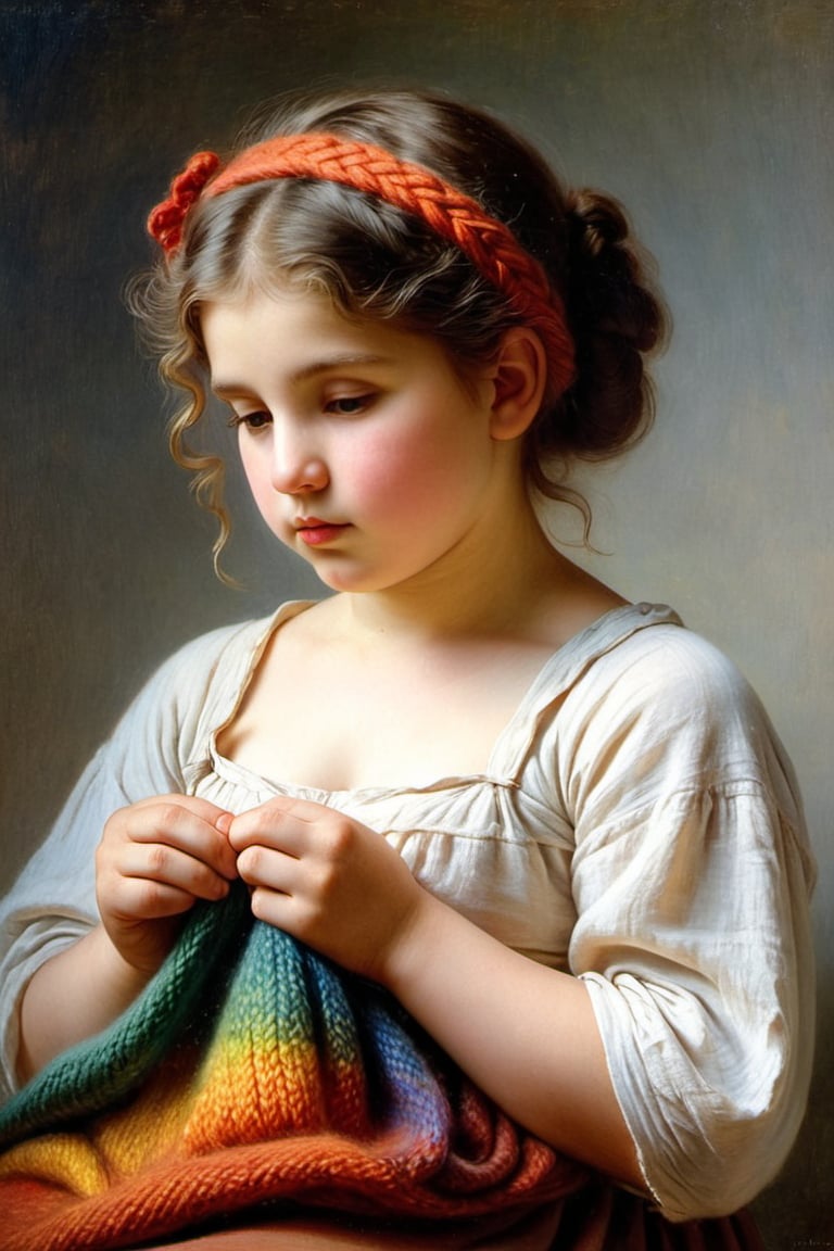 (((iconic oíl painting but extremely beautiful)))
(((Voluptuous and yet  so adorable,photographed)))
(((The Little Knitter,1882 by William Adolphe Bouguereau. Paris.)))
(((view profile, view angle,view close-up zoom)))
(((Chiaroscuro light background)))
(((Vivid simple colors)))
(((intricate details,masterpiece,best quality,hyperrealistic, photorealistic)))