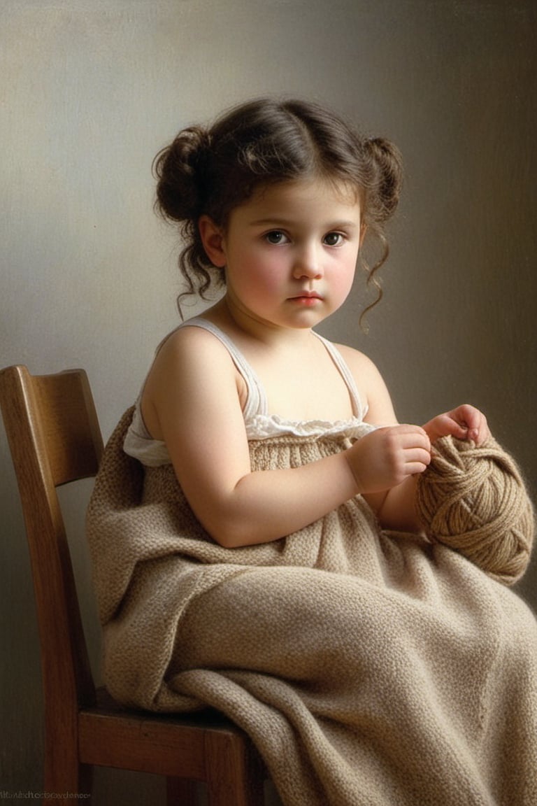 (((iconic oíl painting but extremely beautiful)))
(((Voluptuous and yet  so adorable,photographed)))
(((The Little Knitter,1882 by William Adolphe Bouguereau. Paris.)))
(((view profile, view angle,view close-up zoom)))
(((Chiaroscuro light background)))
(((Vivid simple colors)))
(((intricate details,masterpiece,best quality,hyperrealistic, photorealistic)))