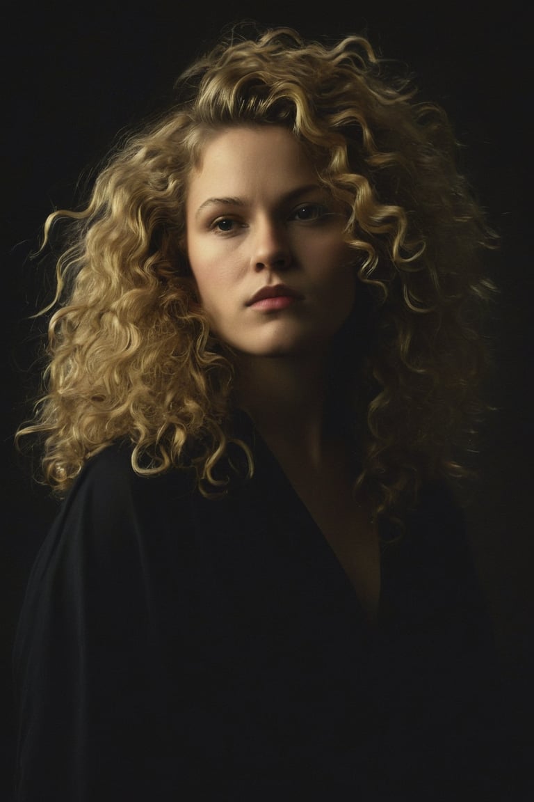 (((iconic Woman darkness but extremely beautiful))) 
(((Blonde large curly hair)))
(((Black Solid full colors)))
(((Chiaroscuro black simple colors)))
(((view profile, view angle, dutch_angle)))
(((Chiaroscuro darkness background)))
(((intricate details,masterpiece,best quality,hyperrealistic, photorealistic)))
(((by Annie Leibovitz style, by caravaggio style)))