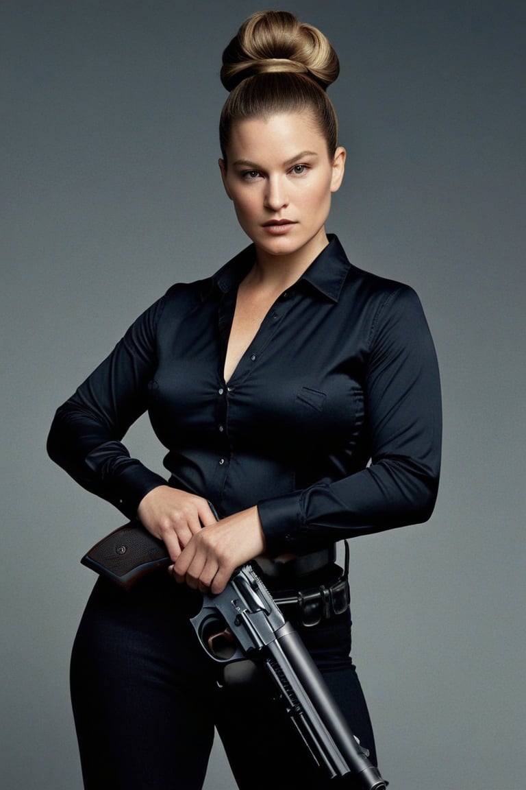 (((iconic Woman but extremely beautiful,holding, monochrome, weapon, greyscale, hair bun, holding weapon, hand on hip, gun, holding gun, handgun, realistic)))
(((Voluptuous and yet  so adorable,photographed)))
(((Chiaroscuro darkness simple colors)))
(((gorgeous, voluptuous)))
(((view profile, view angle, dutch_angle)))
(((Chiaroscuro light background)))
(((intricate details,masterpiece,best quality,hyperrealistic, photorealistic)))
(((by Annie Leibovitz style))),bbw