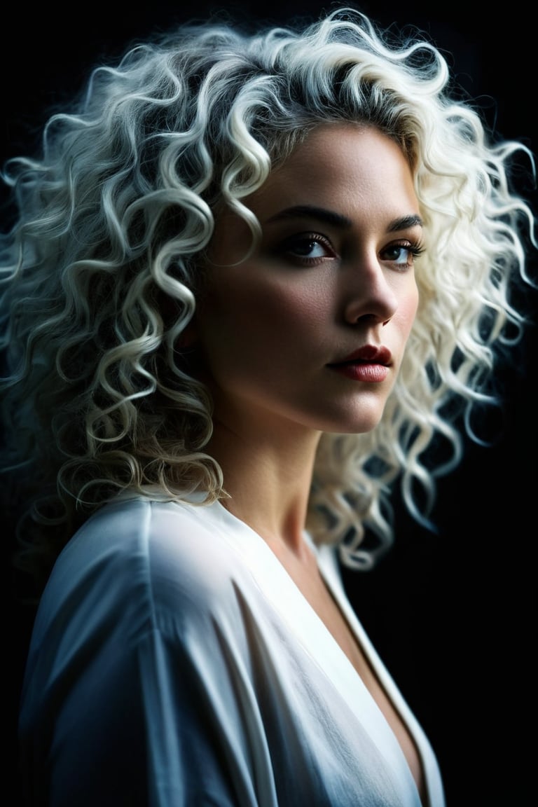 (((iconic Woman darkness but extremely beautiful))) 
(((White messy curly hair)))
(((Black Solid full colors)))
(((Chiaroscuro simple colors)))
(((view profile, view angle, dutch_angle)))
(((Chiaroscuro darkness background)))
(((intricate details,masterpiece,best quality,hyperrealistic, photorealistic)))
(((by Annie Leibovitz style, by Michael Curtiz style)))
