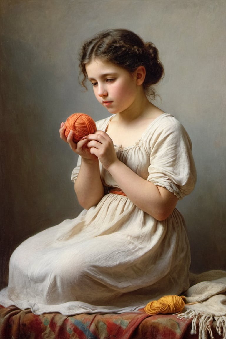 (((iconic oíl painting but extremely beautiful)))
(((Voluptuous and yet  so adorable,photographed)))
(((The Little Knitter,1882 by William Adolphe Bouguereau. Paris.)))
(((view profile, view angle,view close-up zoom)))
(((Chiaroscuro light background)))
(((Vivid simple colors)))
(((intricate details,masterpiece,best quality,hyperrealistic, photorealistic)))