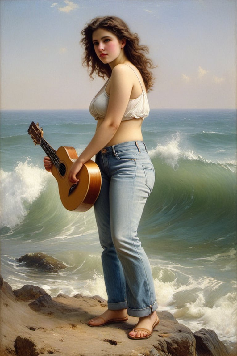 (((iconic but extremely beautiful)))
(((Voluptuous and yet  so adorable,photographed)))
(((The Wave,1896 by William Adolphe Bouguereau. Paris.)))
(((midriff, pants, tank top, jeans dirty,broken,old,Play electric guitar))) 
(((view profile, view angle,view closse-up zoom)))
(((Chiaroscuro light background)))
(((Vivid simple colors)))
(((intricate details,masterpiece,best quality,hyperrealistic, photorealistic)))