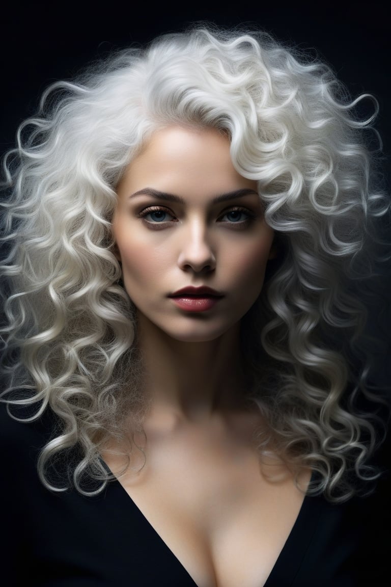 (((iconic Woman darkness but extremely beautiful))) 
(((White large curly hair)))
(((Black Solid full colors)))
(((Chiaroscuro simple colors)))
(((view profile, view angle, dutch_angle)))
(((Chiaroscuro darkness background)))
(((intricate details,masterpiece,best quality,hyperrealistic, photorealistic)))
(((by Annie Leibovitz style, by Michael Curtiz style)))