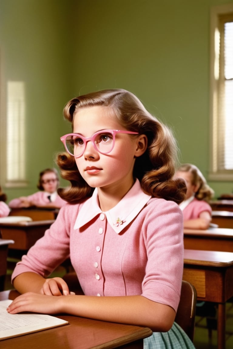  1950s, inside photography, teenager, natural lighting, beautiful girl,pink Old-fashioned glasses,detailed classroom, anatomy 