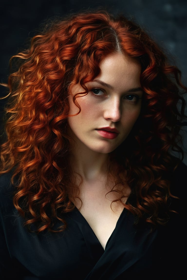 (((iconic Woman but extremely beautiful))) (((dirty,broken,old)))
(((vivid red curly long hair)))
(((large curly hair)))
(((Black Solid full colors)))
(((Chiaroscuro black simple colors)))
(((view profile, view angle, dutch_angle)))
(((Chiaroscuro darkness background)))
(((intricate details,masterpiece,best quality,hyperrealistic, photorealistic)))
(((by Annie Leibovitz style, by caravaggio style))),Movie Aesthetic,Film_Grain