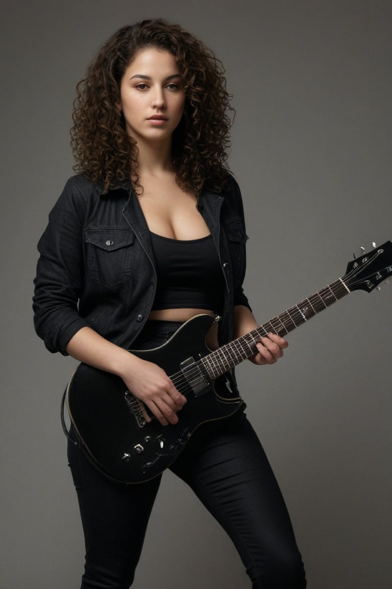 (((iconic Woman but extremely beautiful)))
(((looking at viewer, jacket, midriff, pants, tank top, denim, jeans dirty,broken,old)))
(((playing electric guitar)))
(((Black curly long hair)))
(((Chiaroscuro darkness simple colors)))
(((view profile, view angle, dutch_angle)))
(((Chiaroscuro light background)))
(((intricate details,masterpiece,best quality,hyperrealistic, photorealistic)))
(((by Annie Leibovitz style, by caravaggio style))),bbw
