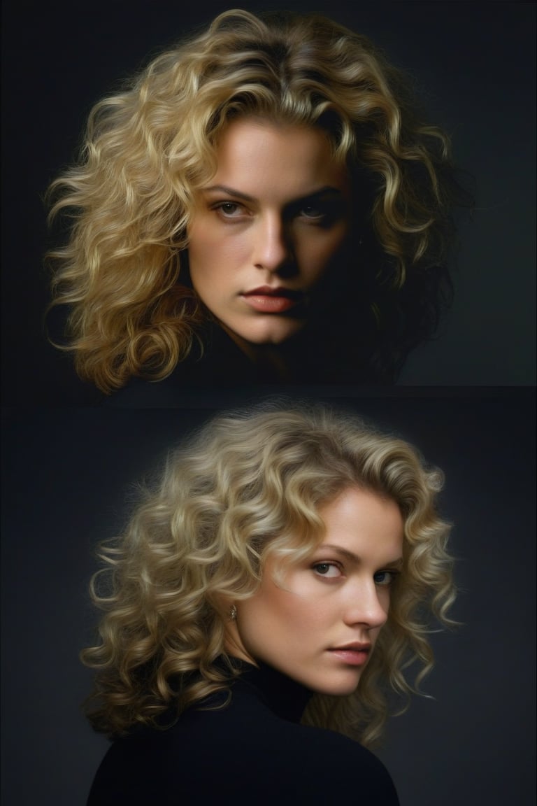 (((iconic Woman darkness but extremely beautiful))) 
(((Blonde large curly hair)))
(((Black Solid full colors)))
(((Chiaroscuro black simple colors)))
(((view profile, view angle, dutch_angle)))
(((Chiaroscuro darkness background)))
(((intricate details,masterpiece,best quality,hyperrealistic, photorealistic)))
(((by Annie Leibovitz style, by caravaggio style)))