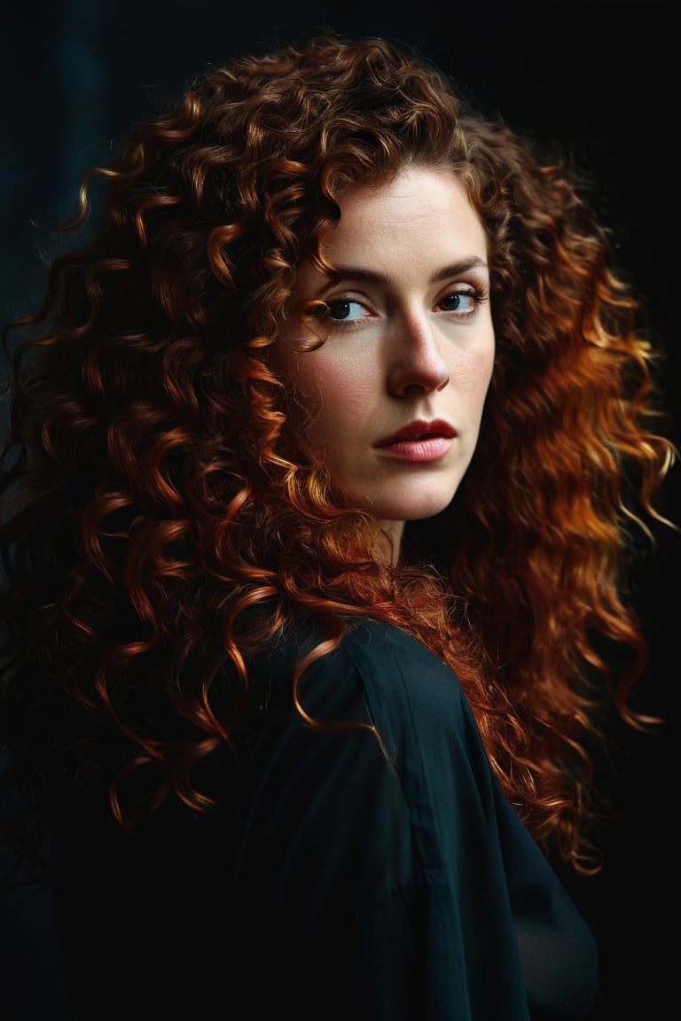 (((iconic Woman but extremely beautiful))) (((dirty,broken,old)))
(((vivid red curly long hair)))
(((large curly hair)))
(((Black Solid full colors)))
(((Chiaroscuro black simple colors)))
(((view profile, view angle, dutch_angle)))
(((Chiaroscuro darkness background)))
(((intricate details,masterpiece,best quality,hyperrealistic, photorealistic)))
(((by Annie Leibovitz style, by caravaggio style))),Movie Aesthetic,Film_Grain