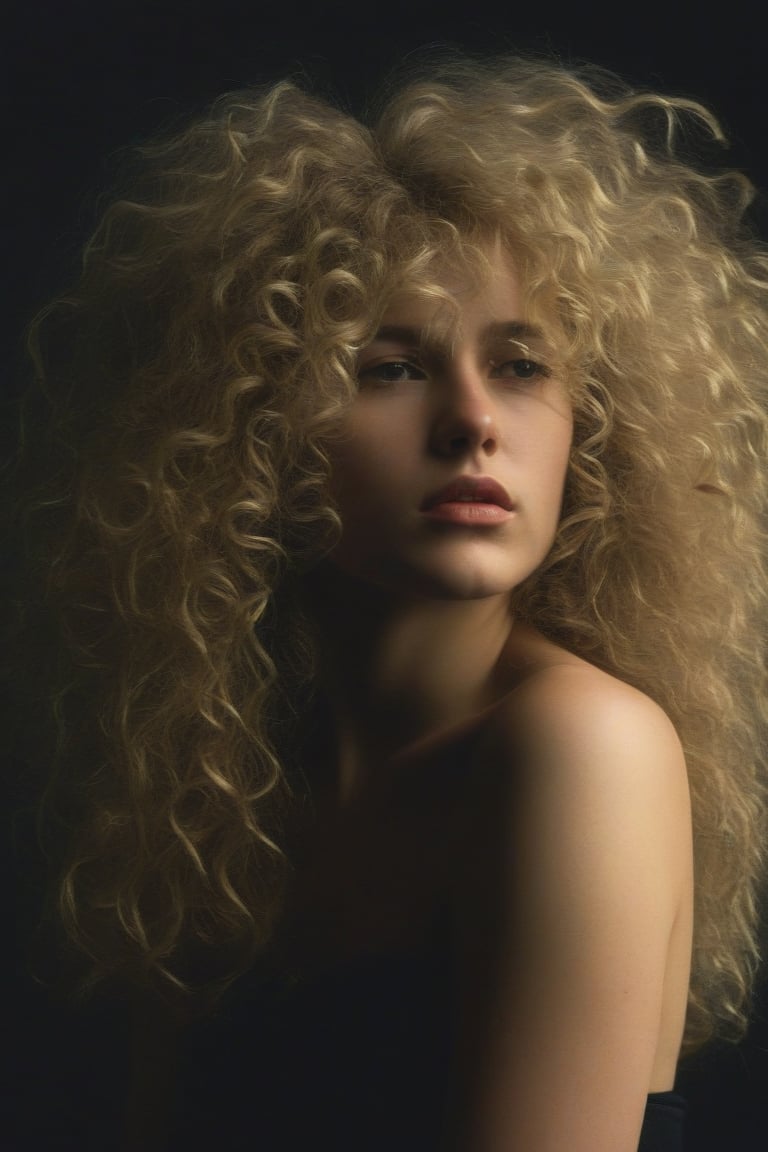 (((iconic Woman darkness but extremely beautiful))) 
(((Blonde large curly hair)))
(((Black Solid full colors)))
(((Chiaroscuro black simple colors)))
(((view profile, view angle, dutch_angle)))
(((Chiaroscuro darkness background)))
(((intricate details,masterpiece,best quality,hyperrealistic, photorealistic)))
(((by Annie Leibovitz style, by caravaggio style)))