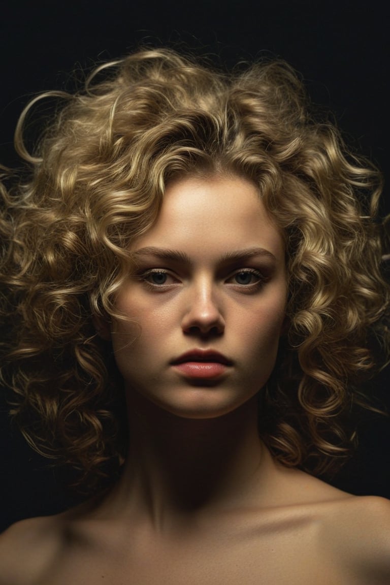 (((iconic Woman darkness but extremely beautiful))) 
(((Blonde large curly hair)))
(((Black Solid full colors)))
(((Chiaroscuro black simple colors)))
(((view profile, view angle, dutch_angle)))
(((Chiaroscuro darkness background)))
(((intricate details,masterpiece,best quality,hyperrealistic, photorealistic)))
(((by Annie Leibovitz style, by caravaggio style)))