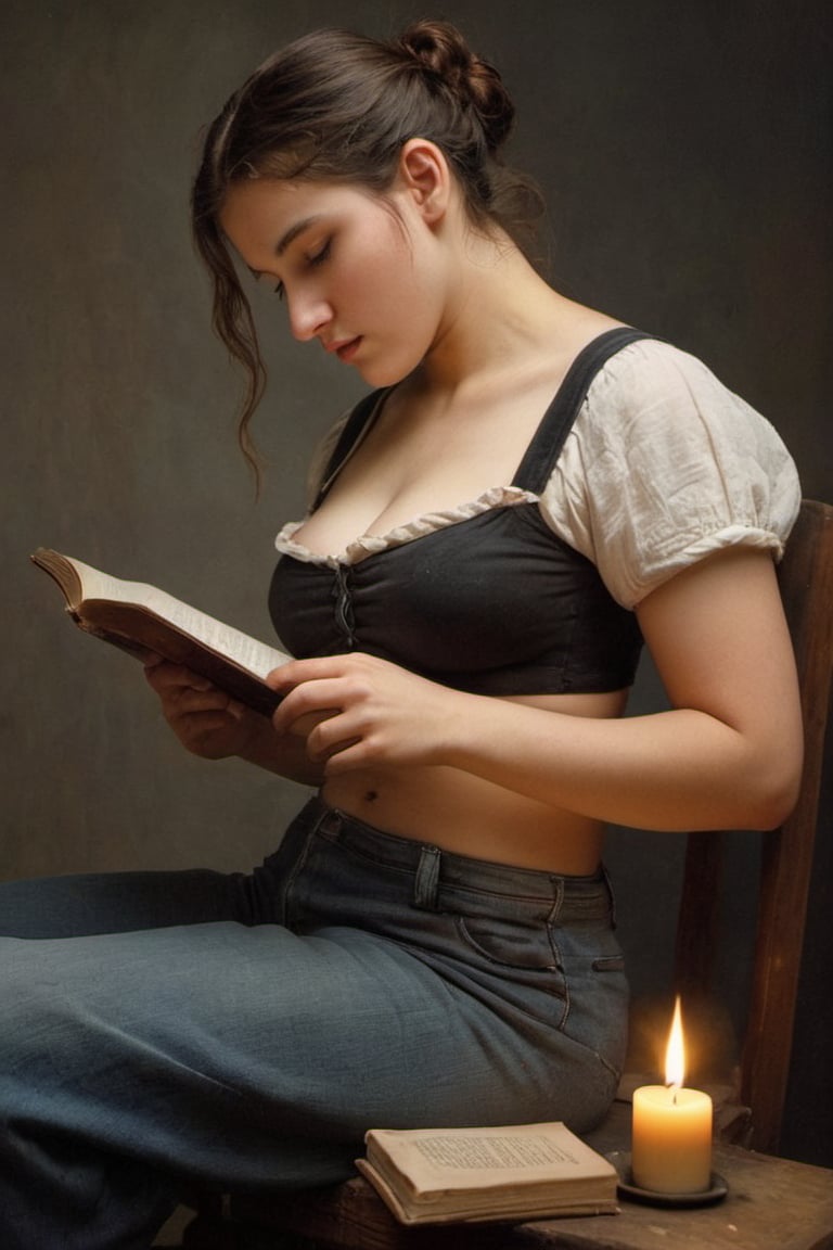 (((iconic but extremely beautiful)))
(((Voluptuous and yet  so adorable,photographed)))
(((Woman Reading by Candlelight,1896 by William Adolphe Bouguereau. Paris.)))
(((midriff, pants, tank top, jeans dirty,broken,old))) 
(((view profile, view angle,view closse-up zoom)))
(((Chiaroscuro light background)))
(((Lighting simple colors)))
(((intricate details,masterpiece,best quality,hyperrealistic, photorealistic)))