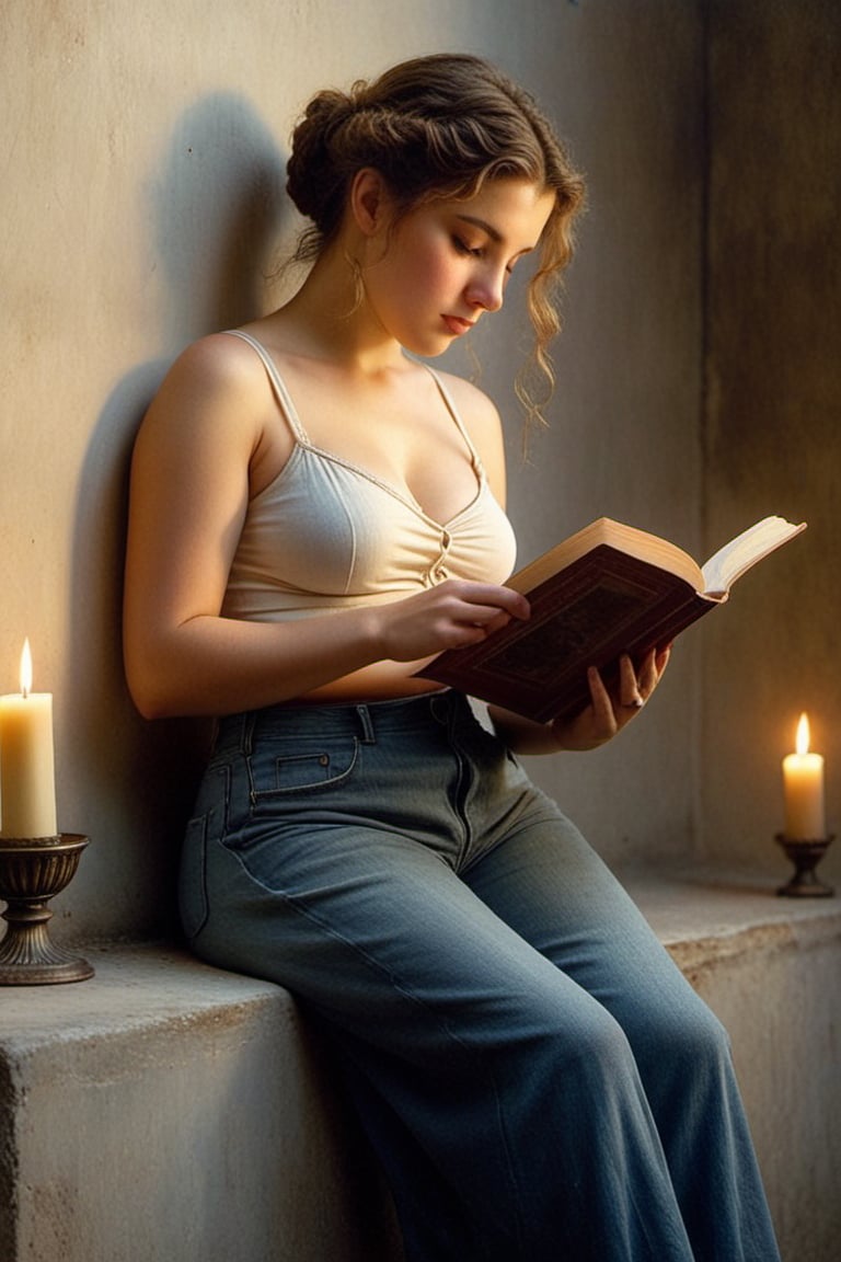 (((iconic but extremely beautiful)))
(((Voluptuous and yet  so adorable,photographed)))
(((Woman Reading by Candlelight,1896 by William Adolphe Bouguereau. Paris.)))
(((midriff, pants, tank top, jeans dirty,broken,old))) 
(((view profile, view angle,view closse-up zoom)))
(((Chiaroscuro light background)))
(((Lighting simple colors)))
(((intricate details,masterpiece,best quality,hyperrealistic, photorealistic)))