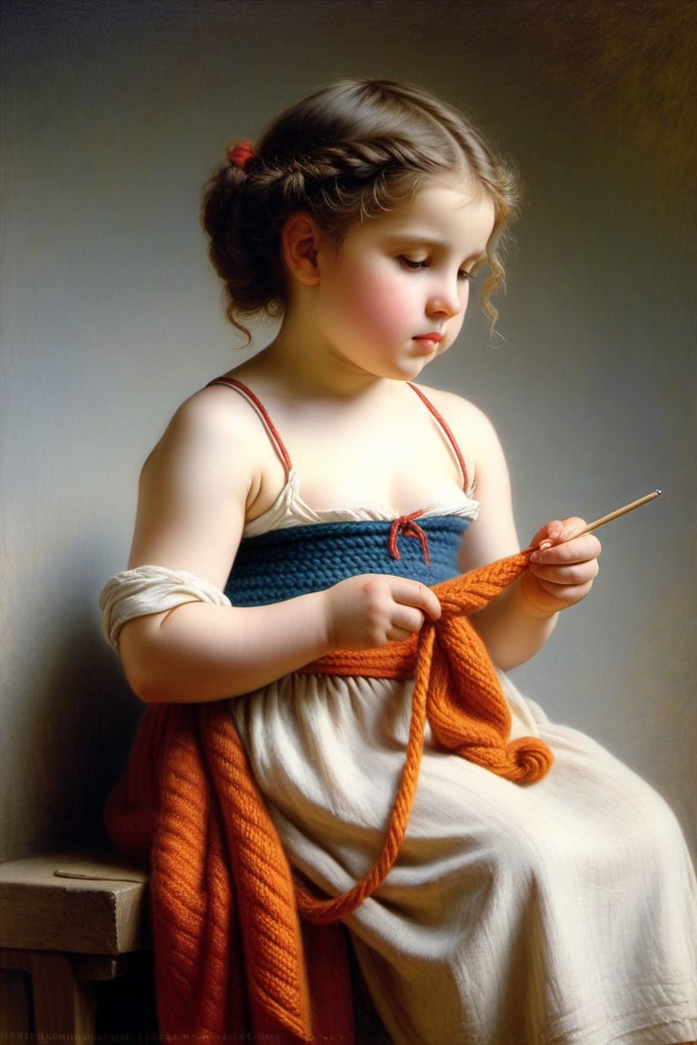 (((iconic oíl painting but extremely beautiful)))
(((Voluptuous and yet  so adorable,photographed)))
(((The Little Knitter,1882 by William Adolphe Bouguereau. Paris.)))
(((view profile, view angle,view close-up zoom)))
(((Chiaroscuro light background)))
(((Vivid simple colors)))
(((intricate details,masterpiece,best quality,hyperrealistic, photorealistic)))