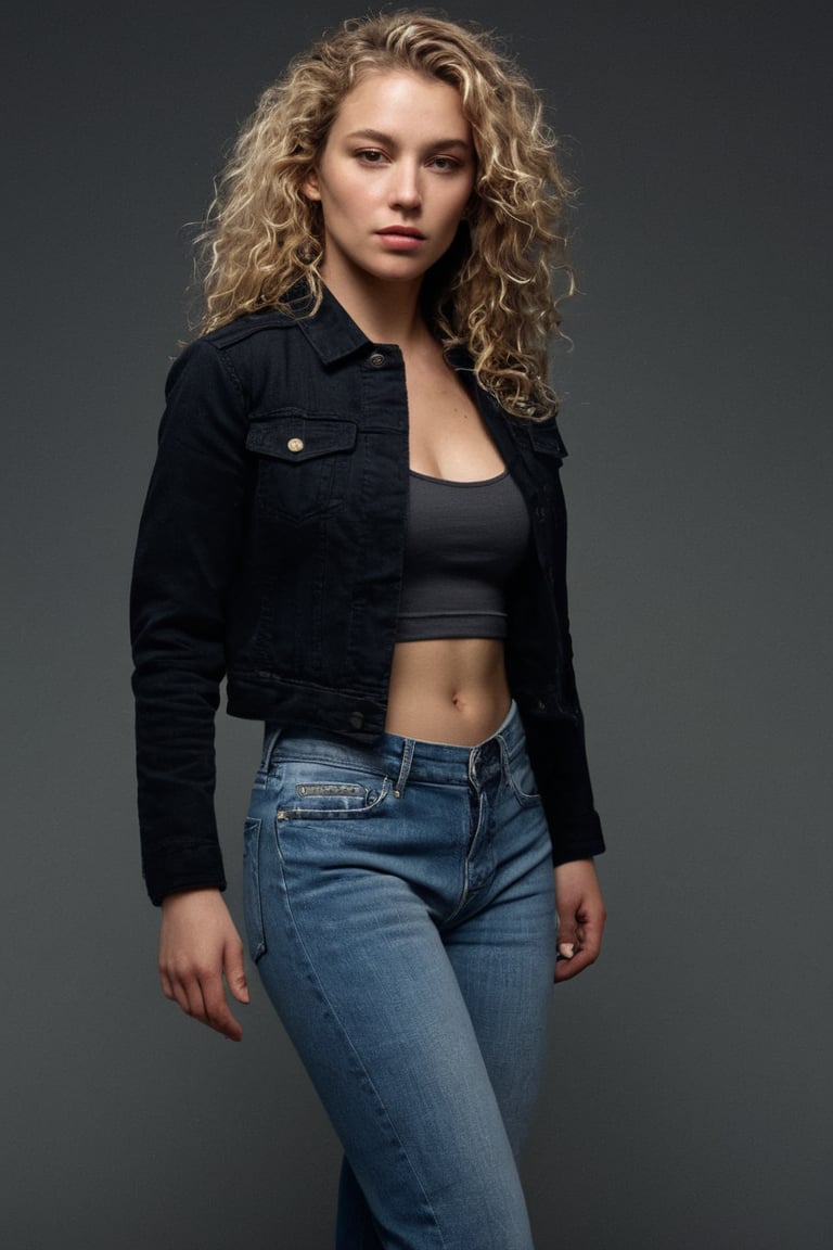 (((iconic Woman but extremely beautiful)))
(((looking at viewer, jacket, midriff, pants, tank top, denim, jeans dirty,broken,old)))
(((Blonde curly long hair)))
(((Chiaroscuro Light Solid full colors)))
(((Chiaroscuro darkness simple colors)))
(((view profile, view angle, dutch_angle)))
(((Chiaroscuro light background)))
(((intricate details,masterpiece,best quality,hyperrealistic, photorealistic)))
(((by Annie Leibovitz style, by caravaggio style)))