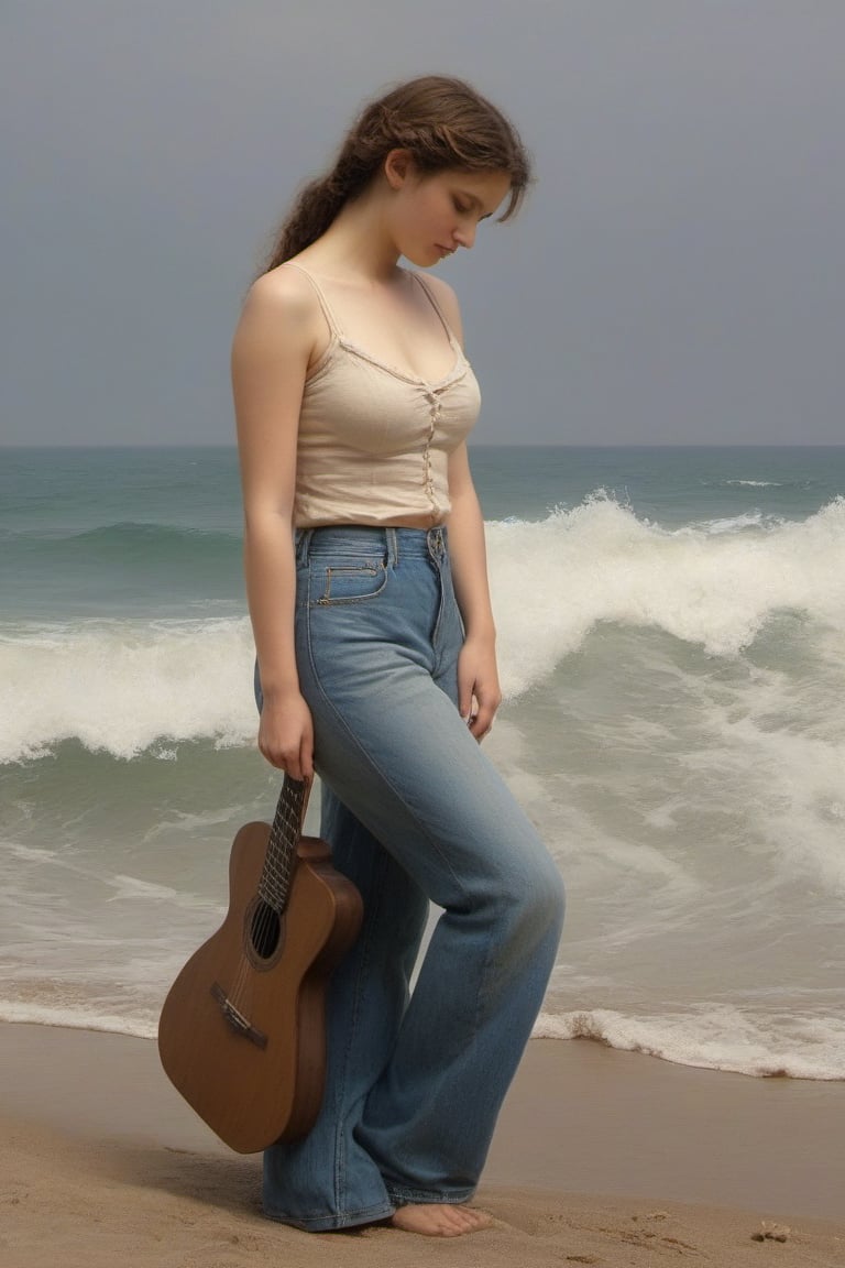 (((iconic but extremely beautiful)))
(((Voluptuous and yet  so adorable,photographed)))
(((The Wave,1896 by William Adolphe Bouguereau. Paris.)))
(((midriff, pants, tank top, jeans dirty,broken,old,Play electric guitar))) 
(((view profile, view angle,view closse-up zoom)))
(((Chiaroscuro light background)))
(((Vivid simple colors)))
(((intricate details,masterpiece,best quality,hyperrealistic, photorealistic)))