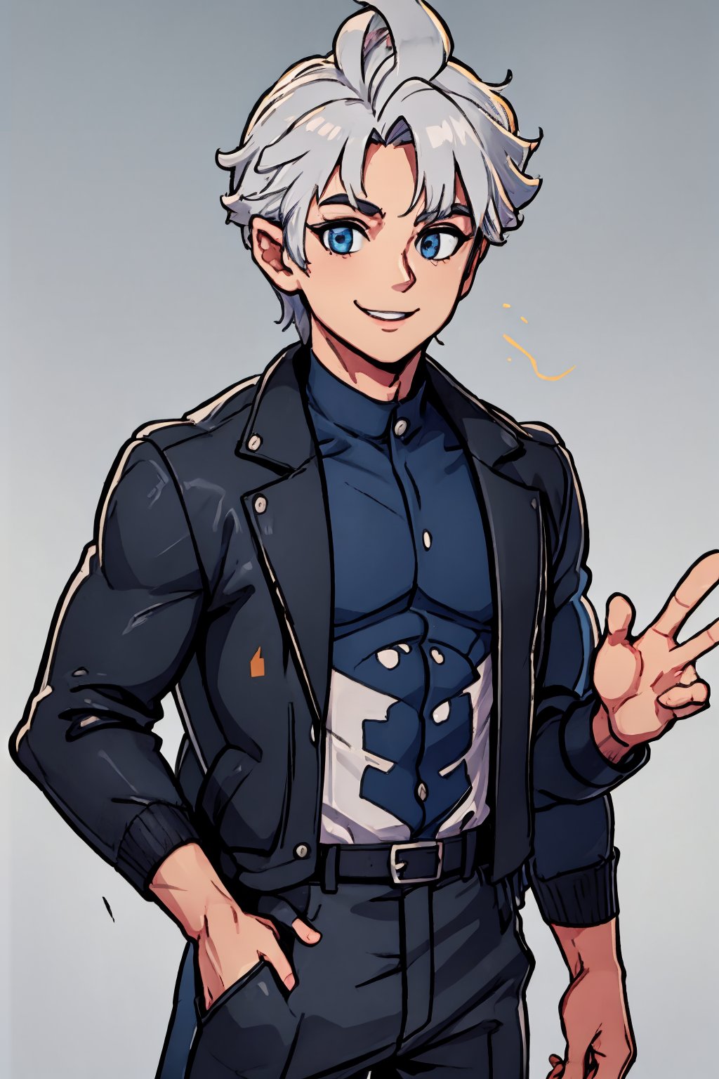 Lonely man, White-haired man, White skin, blue eyes, smiling, black clothes, open black jacket, waving, lively boy, handsome man ,KagaKusha,1boy, Finger boy ,grey hair , white shirt with print ,