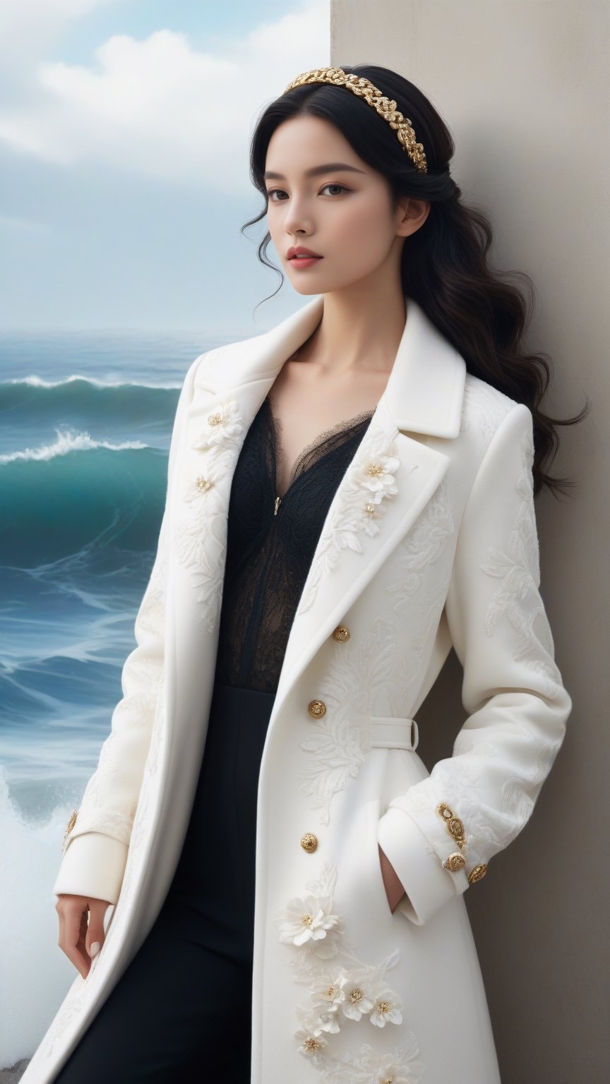 best quality, masterpiece.	Amidst a serene snow-covered landscape, a beautiful Argentine girl stands as a vision of modern grace, her long wavy black hair flowing beneath a chic white wool coat inspired by the opulence of Rococo, Chanel, and Versace.	Her ensemble captures the essence of today's Hollywood star, infusing Rococo-inspired beauty with the practicality and style of the latest gym attire, complemented by a fashionable headband, showcasing a blend of timeless grace and modern sporty chic.	ultra realistic illustration,siena natural ratio, by Ai Pic 3D,	16K, (HDR:1.4), high contrast, bokeh:1.2, lens flare,	Full length side view, lean against the wall, 	iquid hands and feet spinning, 20 mm, with cerulean and white ocean water waves, melting smoothly into asymmetrical bubbles and flowers, liquid, delicate, intricate, houdini sidefx, trending on artstation, by jeremy mann and ilya kuvshinov, jamie hewlett and ayami kojima, Mysterious.