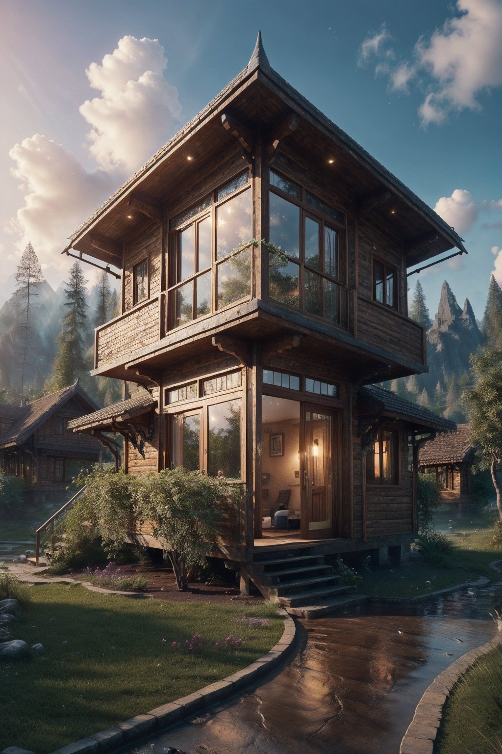 magic(Glass bungalows located in a high place), realistic photo,breath taking, sharp lense, professional photographie, 70mm lense, detail love, good quality, unreal engine 5, wallpaper, colerful, highly detailed, 8k, soft light, photo realistic,rainning