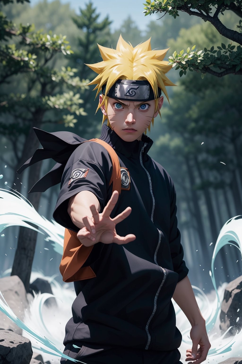 "Generate an image of Naruto Uzumaki from the popular anime series 'Naruto' using his signature jutsu, the 'Rasengan.' Naruto stands with determination, his blond hair flowing, and his bright blue eyes focused. He holds his palm out, surrounded by swirling chakra that forms the Rasengan, a spiraling sphere of energy. The scene is set against a backdrop of a lush forest, with leaves rustling in the wind as Naruto's power radiates through the air. Capture the essence of Naruto's spirit and determination as he unleashes his formidable ninja abilities.",n4rut0
