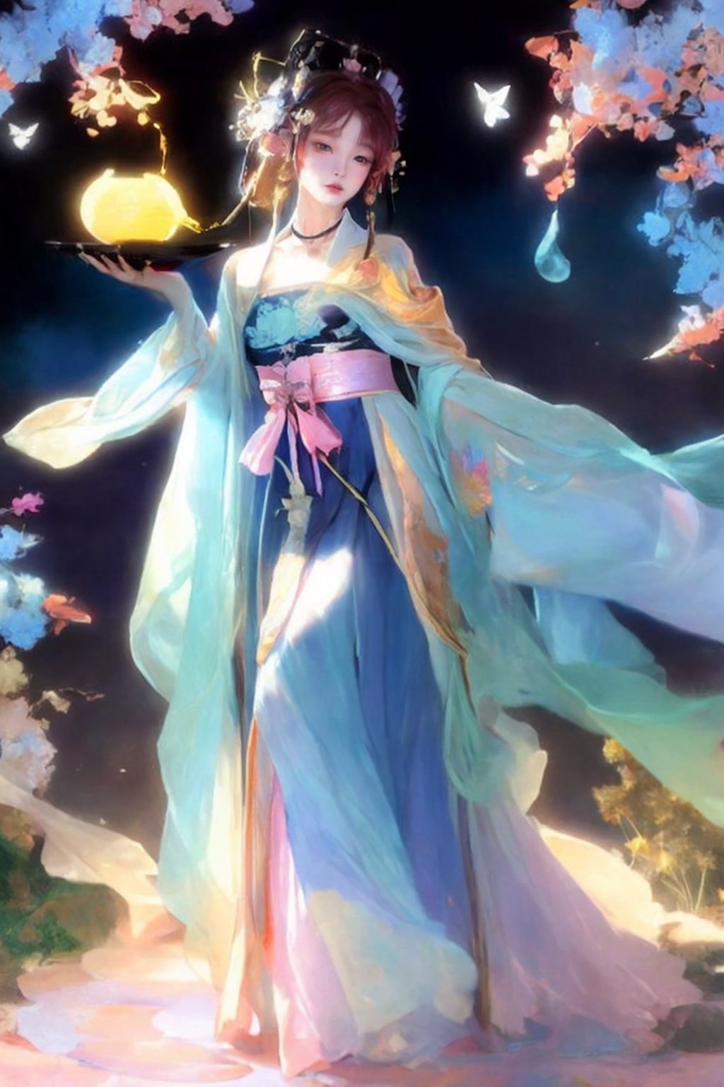 raw photo, half body shot, waist up to head, extremely beautiful 18 years old caucasian woman with ginger hair, chinese goddess on a cloud, Hecate, (((her head is fully visible))), (((distant shot))), ((unzoom)), in an intricate fluttering pastel orange-blue hanfu, a beautiful decoration on her head, detailed face, detailed skin, holdig an ancient chinese sword, art by Alphonse Mucha, front, background magical garden in chinese heaven, cover, unzoom, choker, hyperdetailed painting, luminism, Bar lighting, complex, 4k resolution concept art portrait by Greg Rutkowski, Artgerm, WLOP, Alphonse Mucha, little fusion pojatti realistic goth, fractal isometrics details bioluminescens : a stunning realistic photograph 30 years, use Alchemy beta 2D image pipeline from Leonardo.Ai to enhance the image, prompt magic,1 girl,yoimiyadef,weapon, mandala, zentangle,Blender,kamisato_ayaka