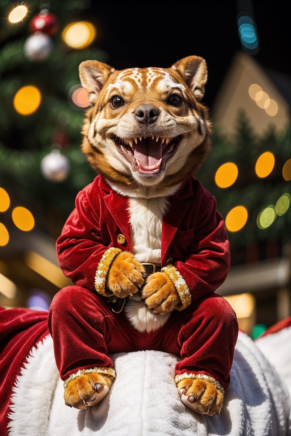 masterpiece, UHD, photorealistic, adorable pet, Santa's cute pet, unexpected pet, cute baby T-Rex, vibrant orange skin, large round eyes, smiling happily, sitting on Santa's lap, surrounded by a bustling crowd, amazed children, delighted expressions, joyful parents, twinkling Christmas lights, festive decorations, Santa's red and white suit, snowy background, winter wonderland, cheerful atmosphere, mid-shot, dynamic pose, little dino raising its tiny arms, excitement in the air, laughter and awe, trending on artstation, best quality, CG, cute and lovable, textured scales, playful expression, memorable holiday moment