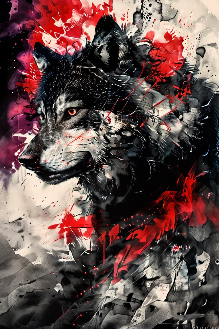 (masterpiece:1.1), (highest quality:1.1), (HDR:1.0), a wolf hiding in smoke, night, wolf showing teeth, hunting, red eyes, , colorful paint splatter, colorful ink wash painting, colorful, colorful background, ,ink, ink smoke,