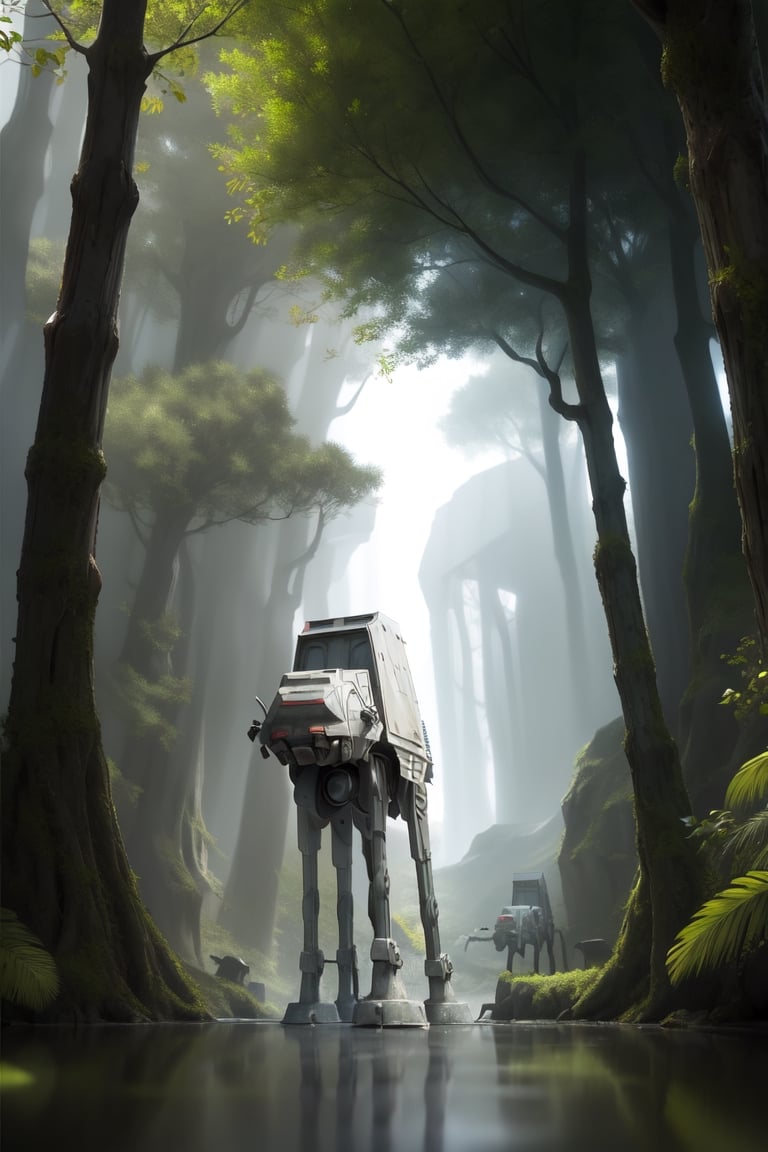 ((1 male)), AT-AT Walker, whole body, 3D figure, AT-AT, natural light, real image quality, dynamic pose, video lighting, perfect composition, super detail, official art, masterpiece, highest quality, reflection, Each high-resolution CG Unity 8K wallpaper, detailed background, masterpiece, photorealistic, random angle, forest planet, Endor, jungle, full body, Star Wars,