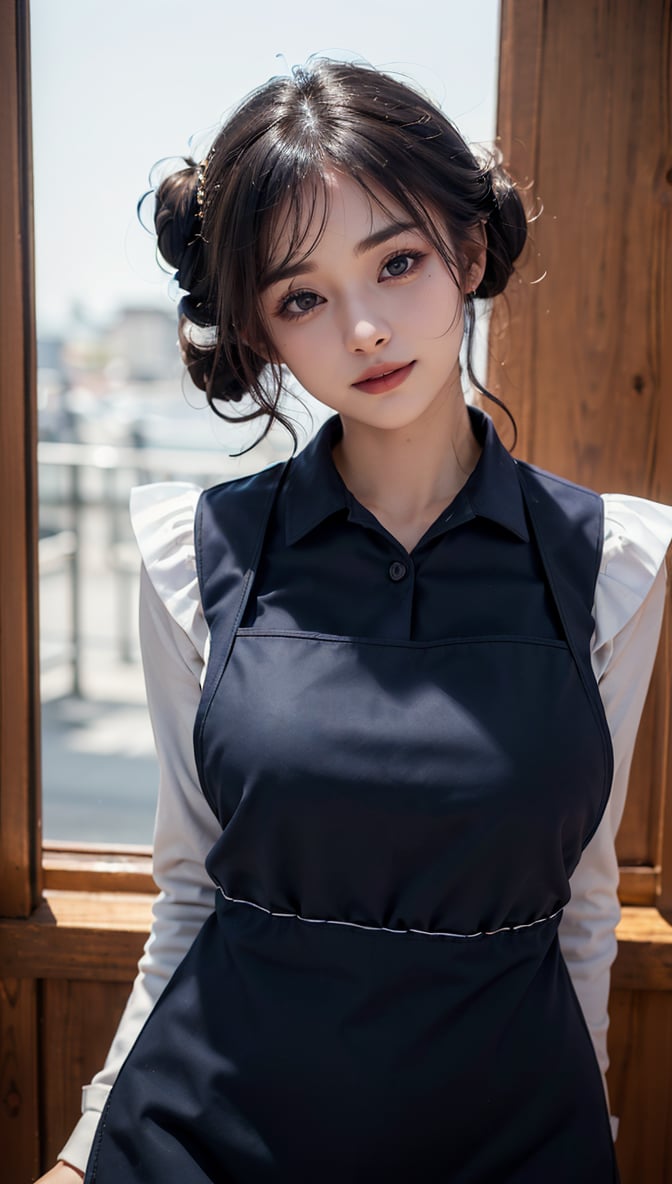 ((highest quality, 8k, masterpiece)), Super detailed, Sharp focus, One beautiful woman, ((Navy Polar Apron:1.4)), (Updo:1.4), (Simple collared shirt:1.4), Highly detailed face and skin texture, ((Fine grain)), ((Beautiful dark eyes:1.4)), (smile:1.15), (Mouth closed), Cafe,cute girl