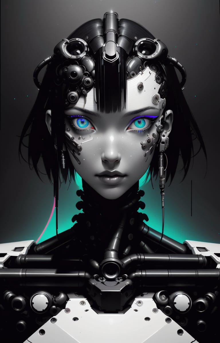 (Ultra-high resolution, highest quality, reality), futuristic, mechanical, high-tech, black and white grey, metallic, streamlined, complex structure, exquisite details, geometric shapes, neon colors, electronic sounds, digital elements, abstract graphics, web, data interaction, virtual reality (glowing skin), (highly detailed skin with visible pores), (luxurious decoration: 1.2), (colored eyes: 1.3), pretty. beautiful face. masterpiece, exquisite details, attention to detail, surrealism, award-winning portrait, realistic design for photo quality, intricate composition,NDP,TheEmpireStyle