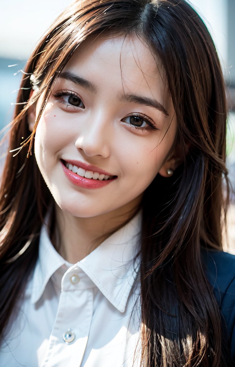 Close-up, masterpiece, best quality, raw photo, real, smiling face, beautiful girl, cute, long hair, stewardess uniform, depth of field, high resolution, ultra detailed, detailed, highly detailed eyes face, piercing eyes, realistic eyes, beautiful eyes, cinematic lighting, high nose bridge, urban techwear