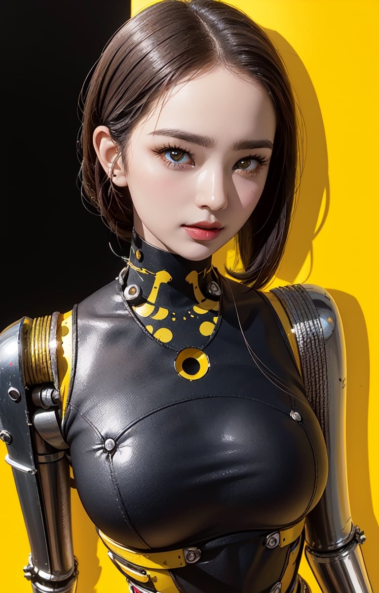 profile photo, in front of the yellow wall, Asian cyborg woman without body, connected by cable, Twisted cable and wire and LED, Charming eyes bodypunk PLC robot、silver motor head, with a ray gun, 80 degree field of view, art by：sergio lopez, natalie shau, James Jean and Salvador Dali, (Yellow background:1.5),Eurasian
