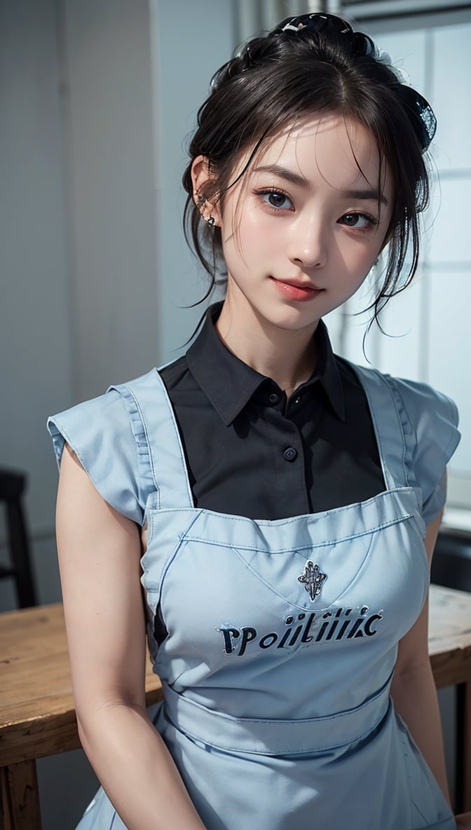 ((Top Quality, 8K, Masterpiece)),Very detailed, Sharp focus, Beautiful woman, ((Light blue polar apron: 1.4)), (Upstyle: 1.4), (Simple collared shirt: 1.4), Highly detailed face and skin texture, ((Fine grain)), ((Beautiful black eyes: 1.4)), (Smile: 1.15), (Mouth closed), Cafe, Cute girl